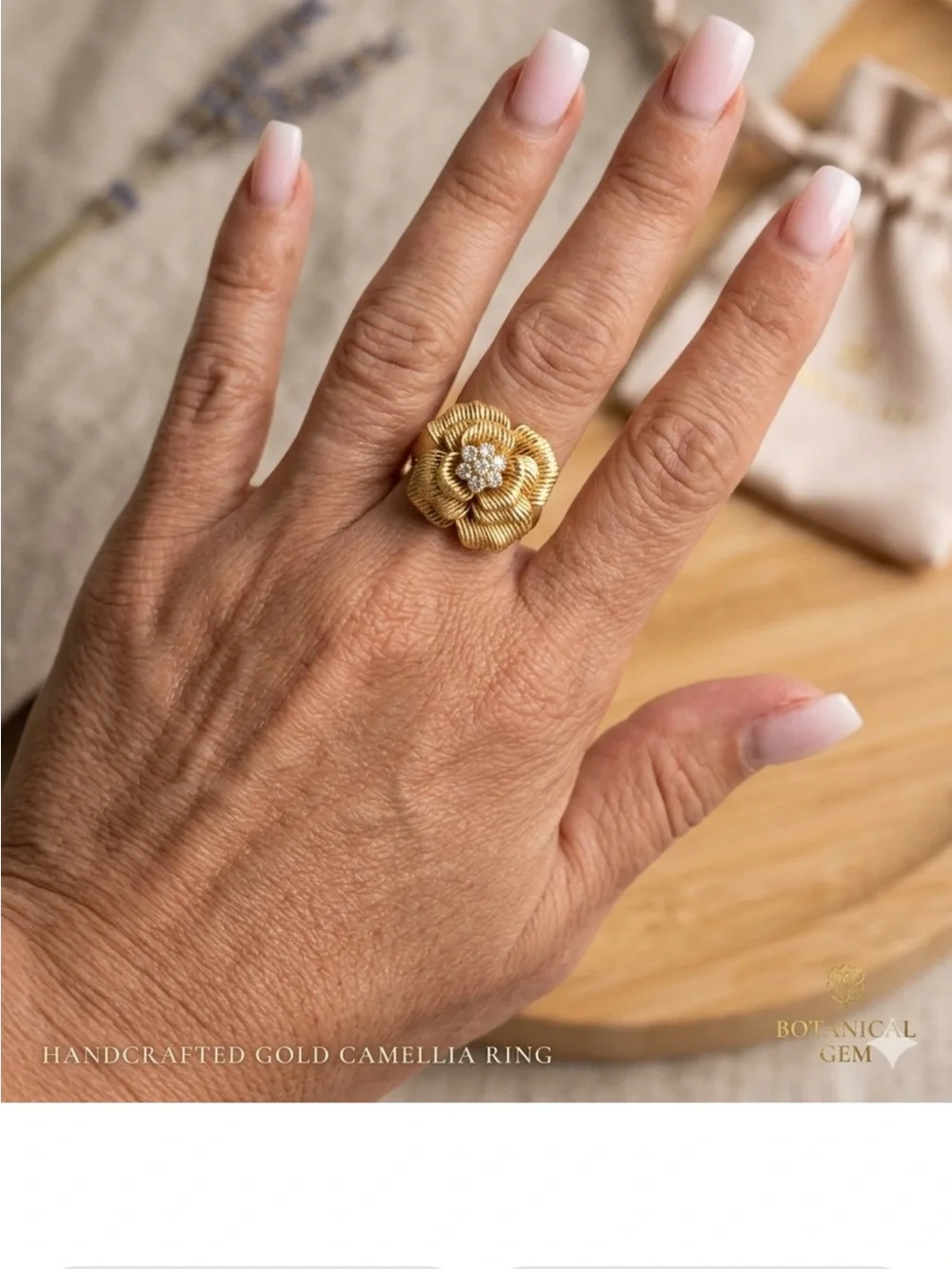 Gold Flower Cocktail Ring with Clear Stone Center